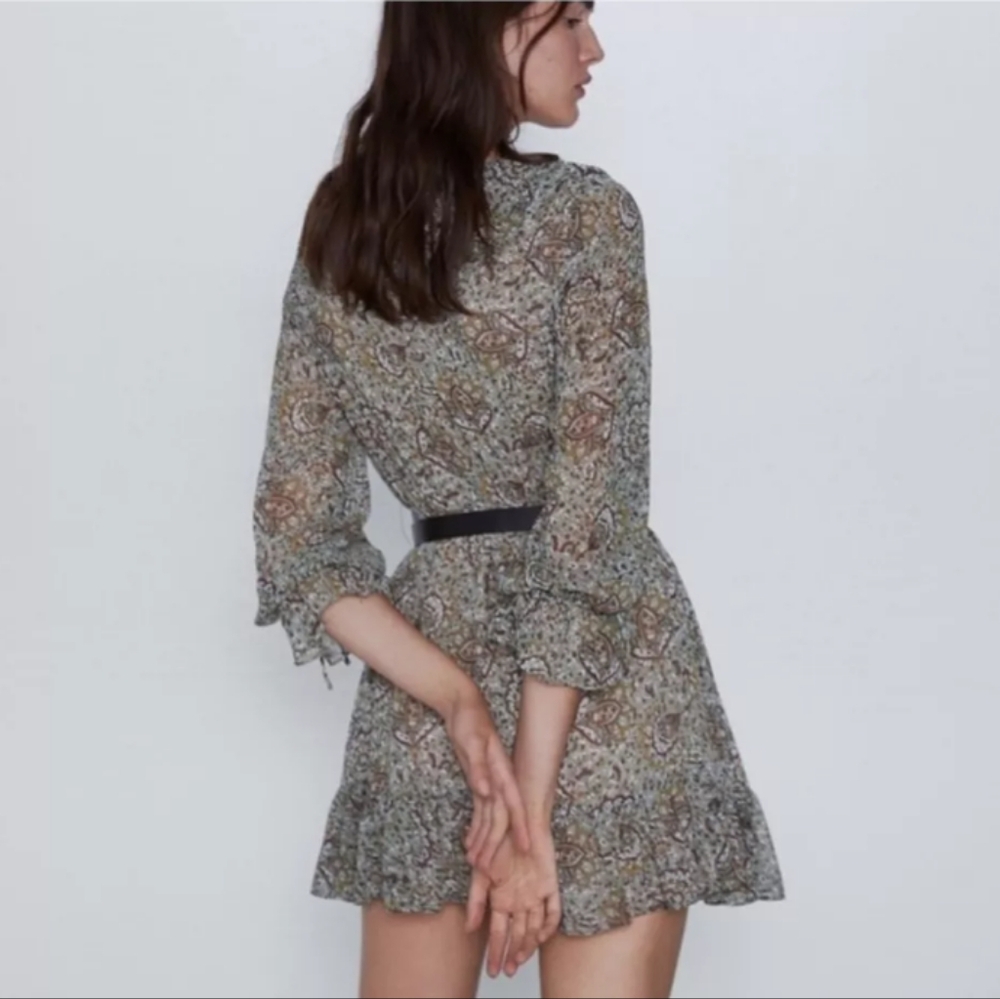 Zara Olive Paisley Ruffle Mini Dress - Picture 2 of 2